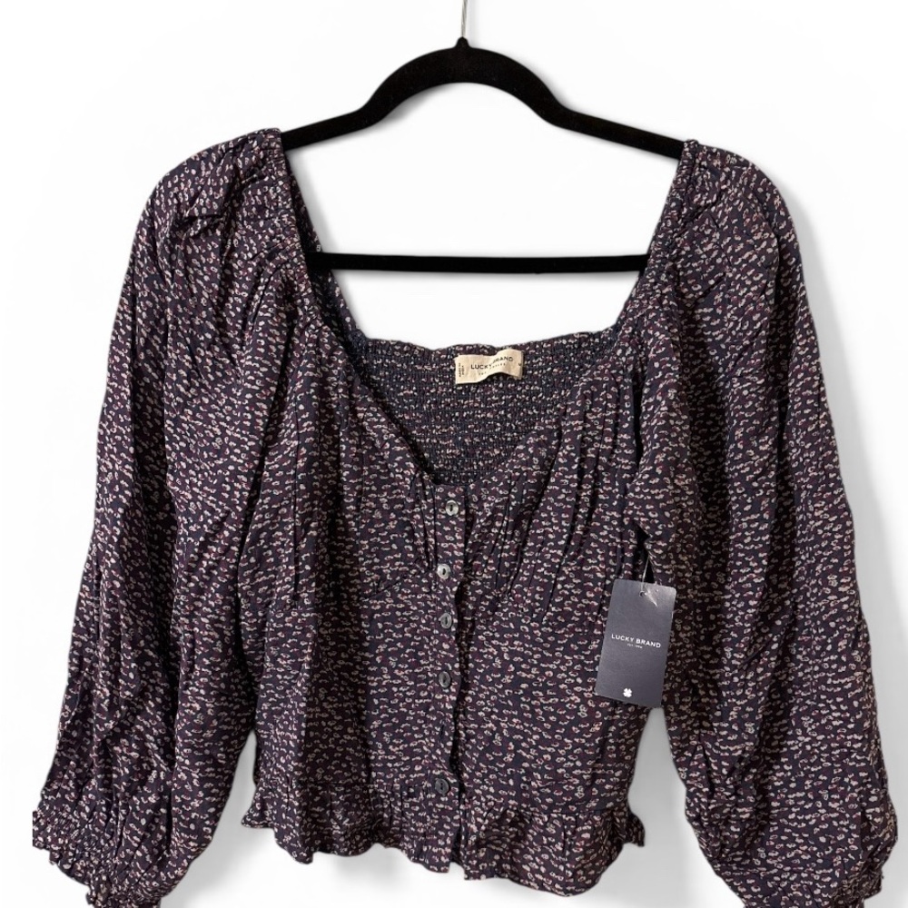 Lucky Brand Navy & Red Floral Smocked Peplum Top Size M NEW New With Tags